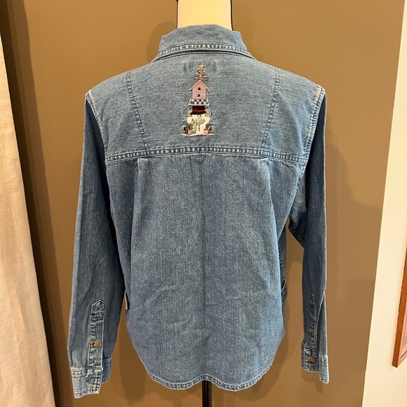 Vintage Christopher & Banks Embroidered Denim Snowman Button-up Shirt, Size Med - Picture 6 of 14